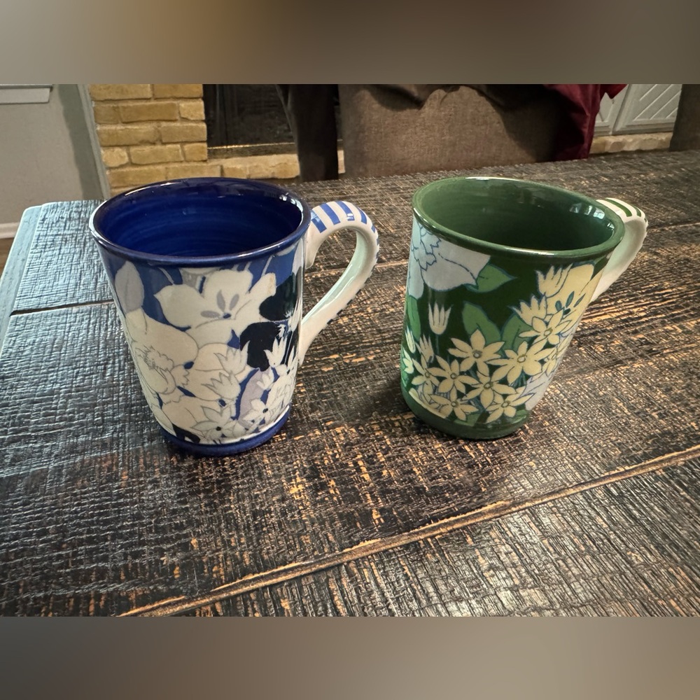 Anthropologie Floral Blue and Green Ceramic Mugs, 2pcs